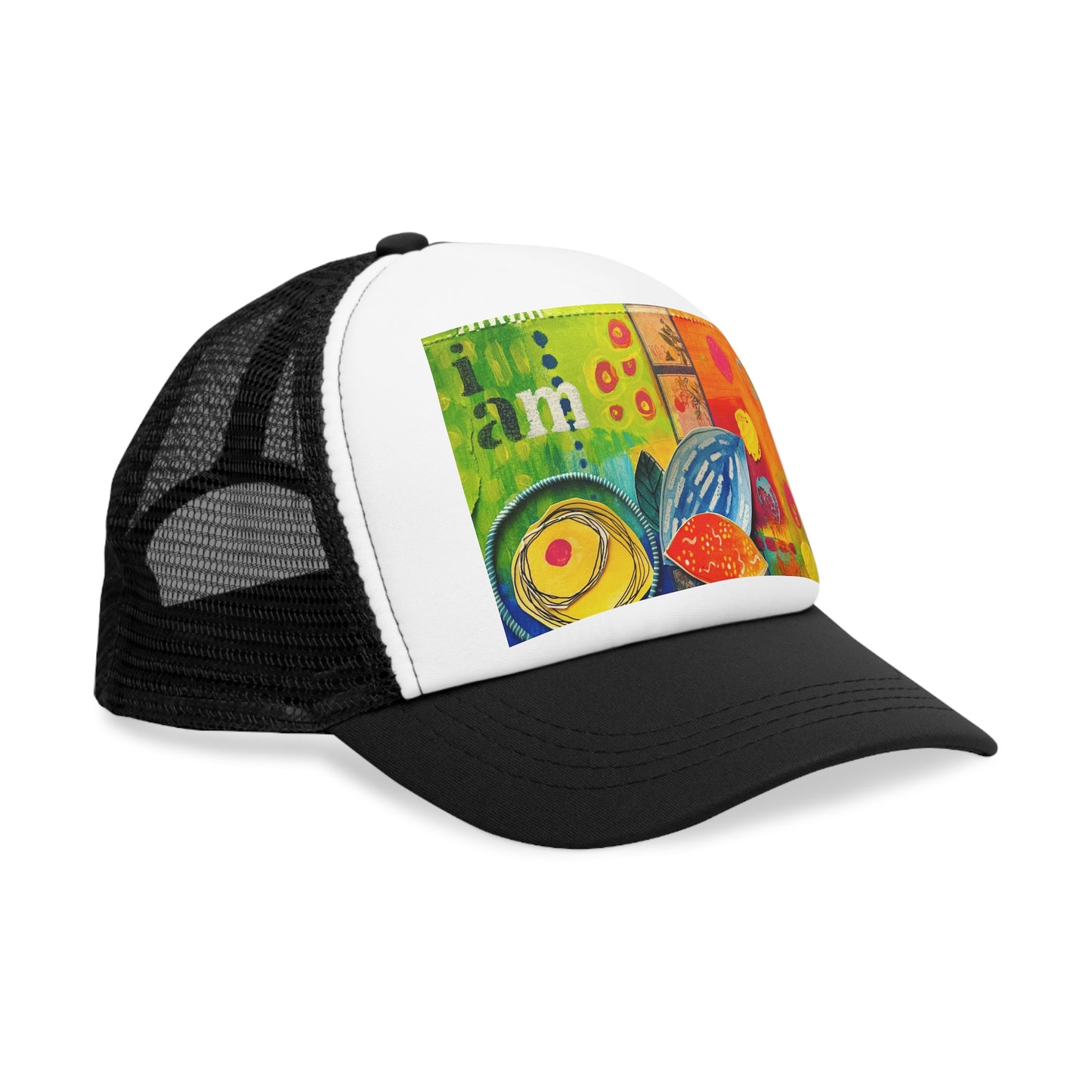 "I am" Trucker Hat, Colorful Summer Headwear, Unique Gift for Art Lovers, Trendy Casualwear