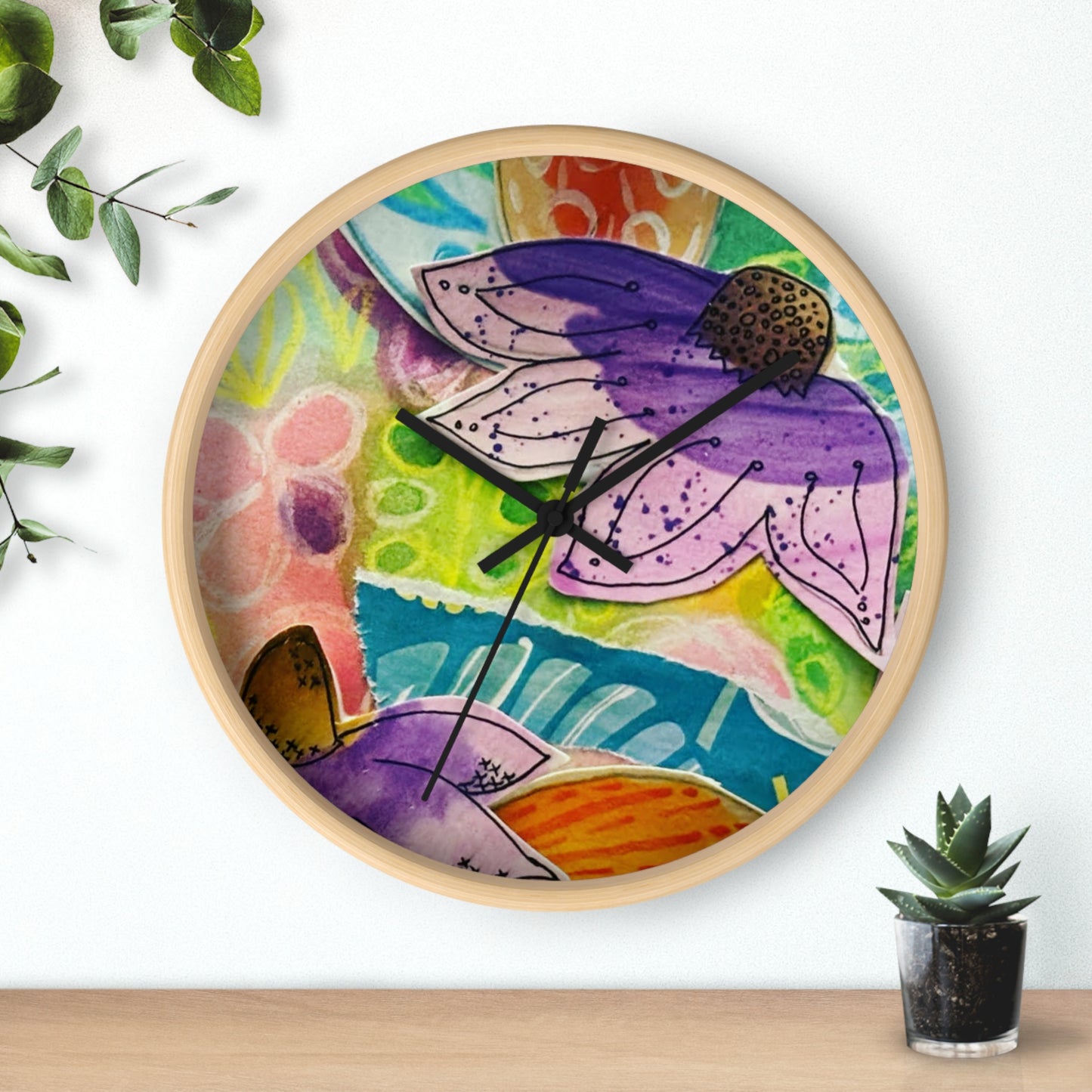 "Violetti" Collage Print Wall Clock, Whimsical Home Decor, Unique Gift, Boho Style, Playful Art for Kids' Rooms
