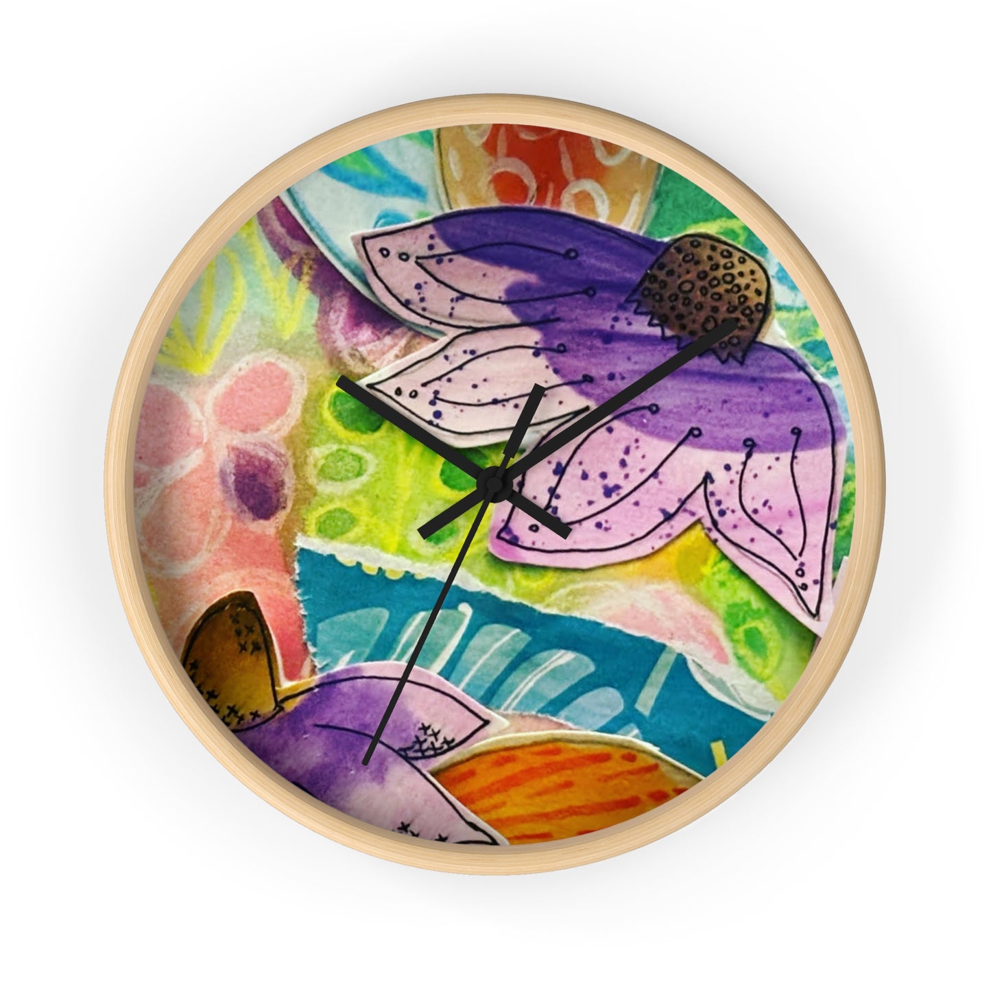 "Violetti" Collage Print Wall Clock, Whimsical Home Decor, Unique Gift, Boho Style, Playful Art for Kids' Rooms