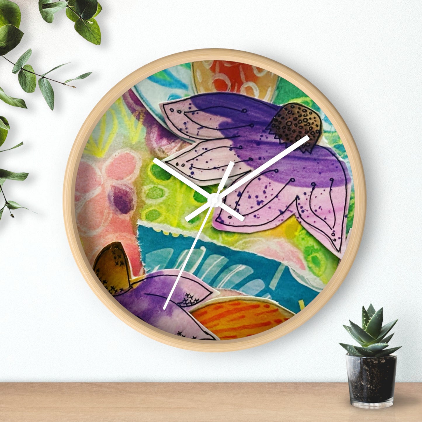 "Violetti" Collage Print Wall Clock, Whimsical Home Decor, Unique Gift, Boho Style, Playful Art for Kids' Rooms
