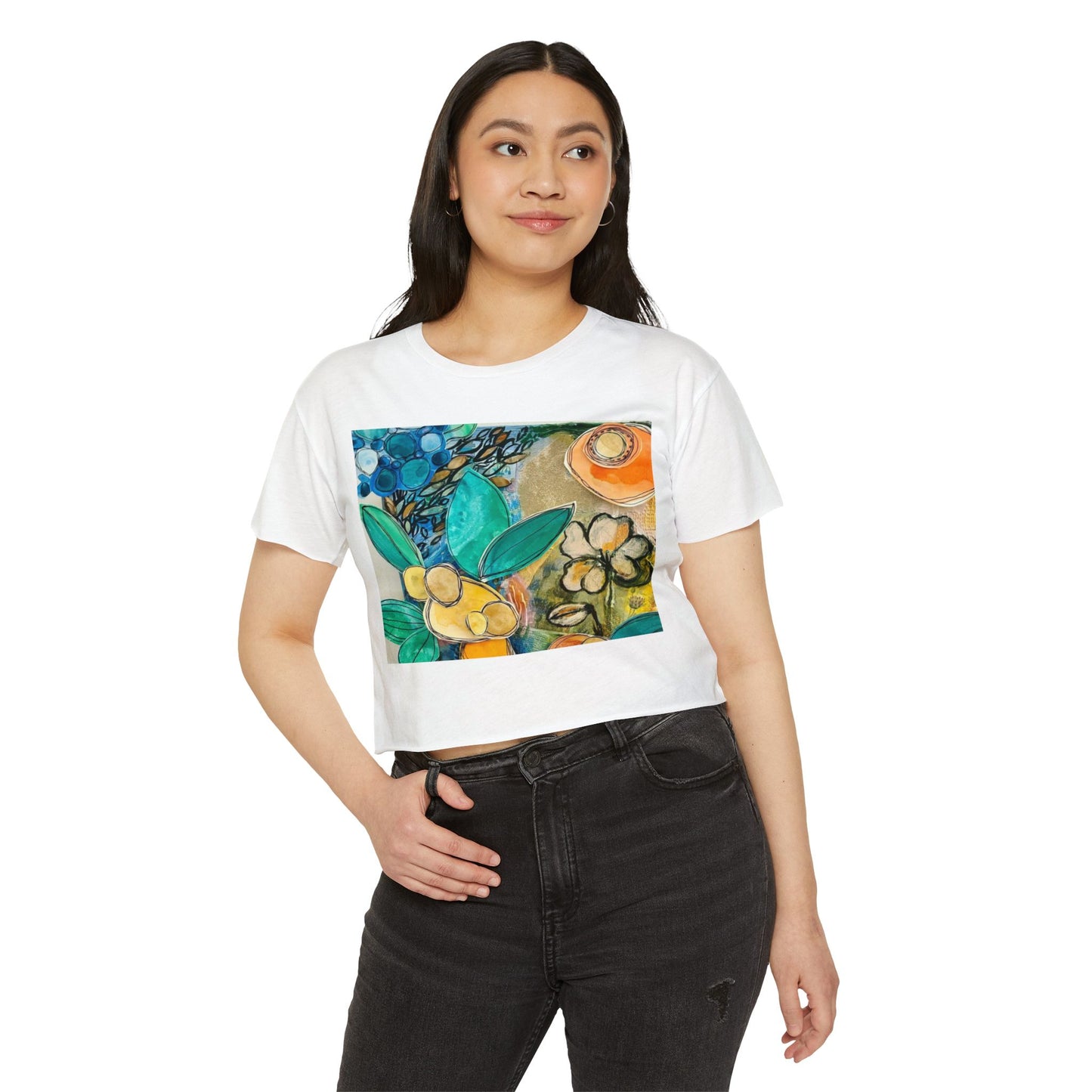 "Assumption" Women's Crop Top with Floral Art, Boho Style T-Shirt for Summer Parties, Artsy Gift, Trendy Casual Wear, Unique Floral Design