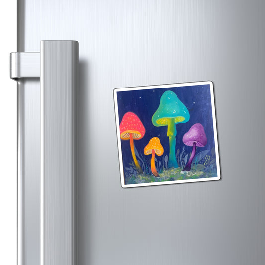 Midnight Mushroom Night Glow Fridge Magnet — Colorful Psychedelic Fungi Art Magnet