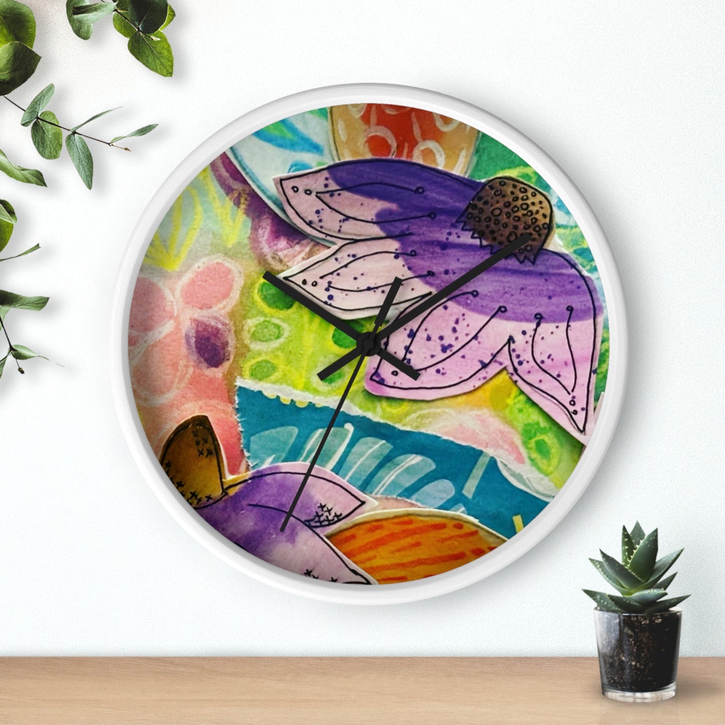 "Violetti" Collage Print Wall Clock, Whimsical Home Decor, Unique Gift, Boho Style, Playful Art for Kids' Rooms