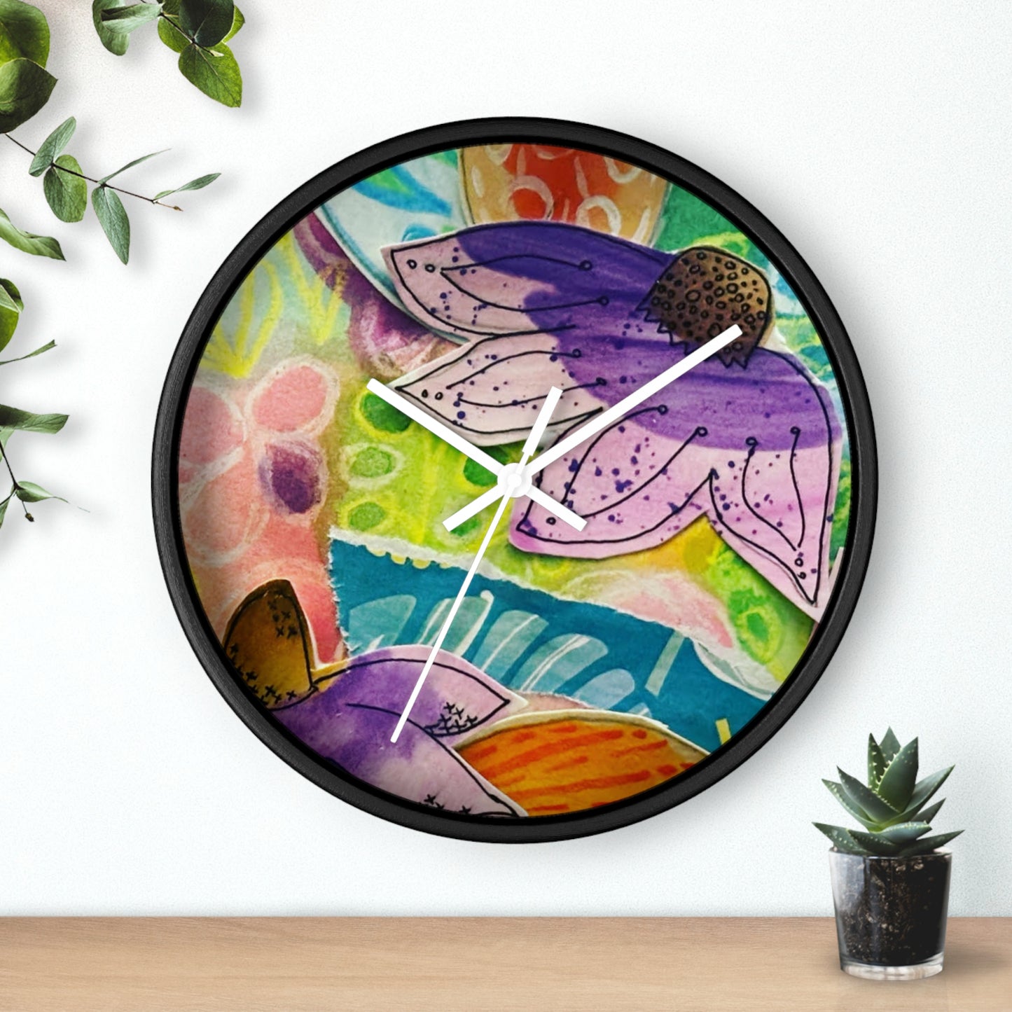 "Violetti" Collage Print Wall Clock, Whimsical Home Decor, Unique Gift, Boho Style, Playful Art for Kids' Rooms