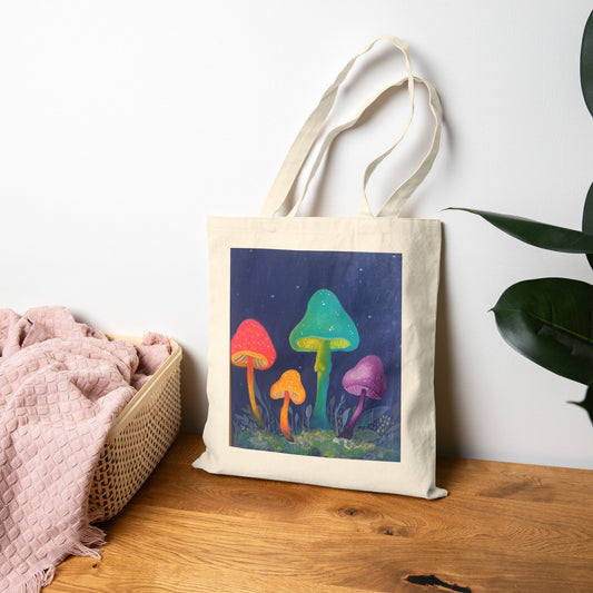 Midnight Mushroom Canvas Tote Bag – Vintage Watercolor Flowers Cotton Shopper