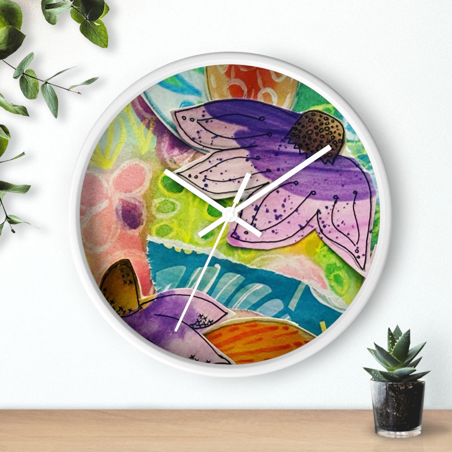 "Violetti" Collage Print Wall Clock, Whimsical Home Decor, Unique Gift, Boho Style, Playful Art for Kids' Rooms