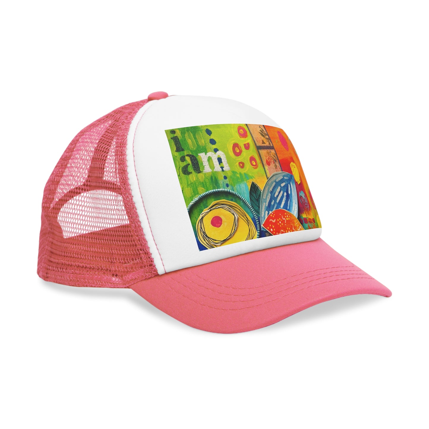 "I am" Trucker Hat, Colorful Summer Headwear, Unique Gift for Art Lovers, Trendy Casualwear