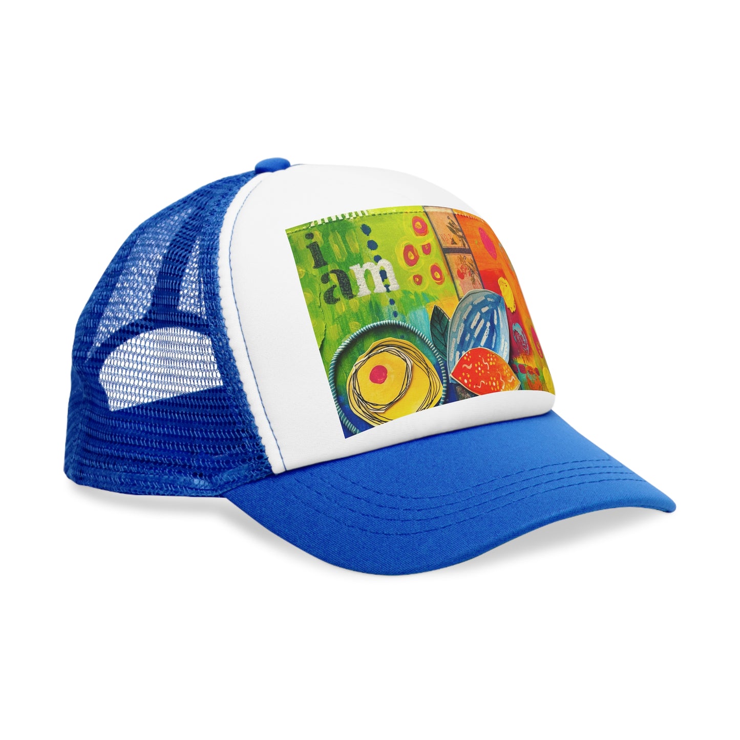 "I am" Trucker Hat, Colorful Summer Headwear, Unique Gift for Art Lovers, Trendy Casualwear