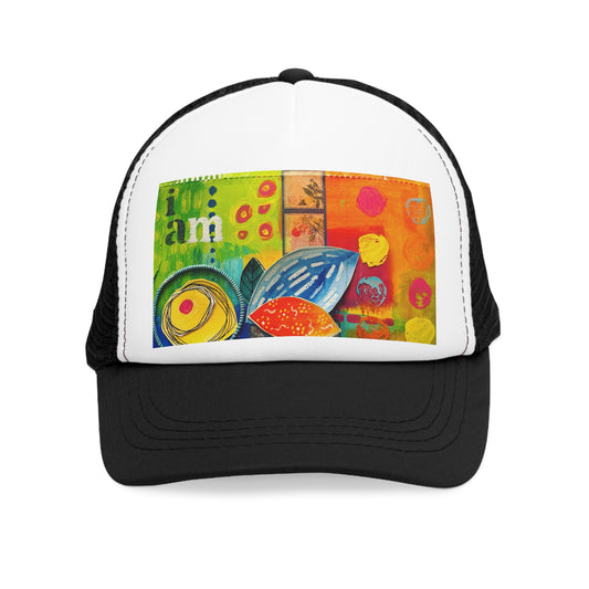 "I am" Trucker Hat, Colorful Summer Headwear, Unique Gift for Art Lovers, Trendy Casualwear