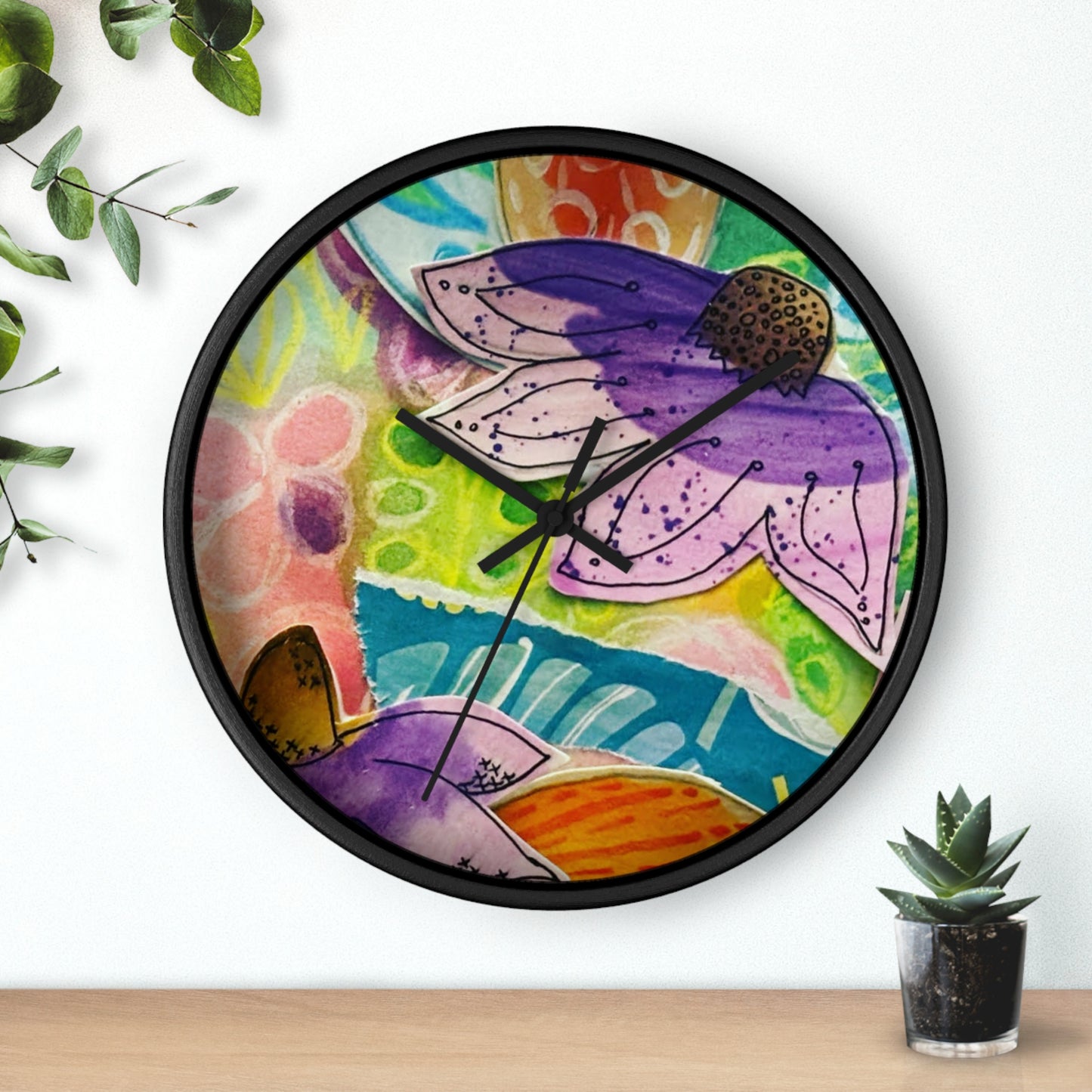 "Violetti" Collage Print Wall Clock, Whimsical Home Decor, Unique Gift, Boho Style, Playful Art for Kids' Rooms