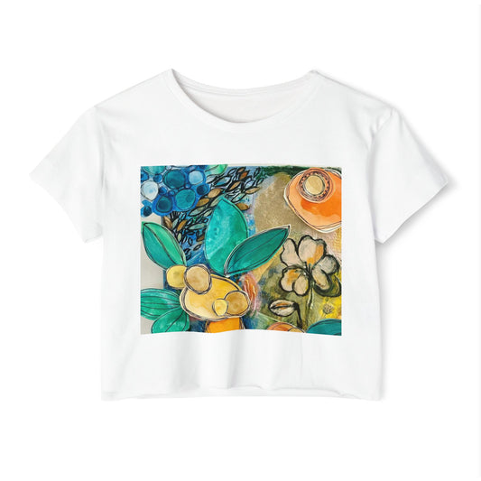 "Assumption" Women's Crop Top with Floral Art, Boho Style T-Shirt for Summer Parties, Artsy Gift, Trendy Casual Wear, Unique Floral Design