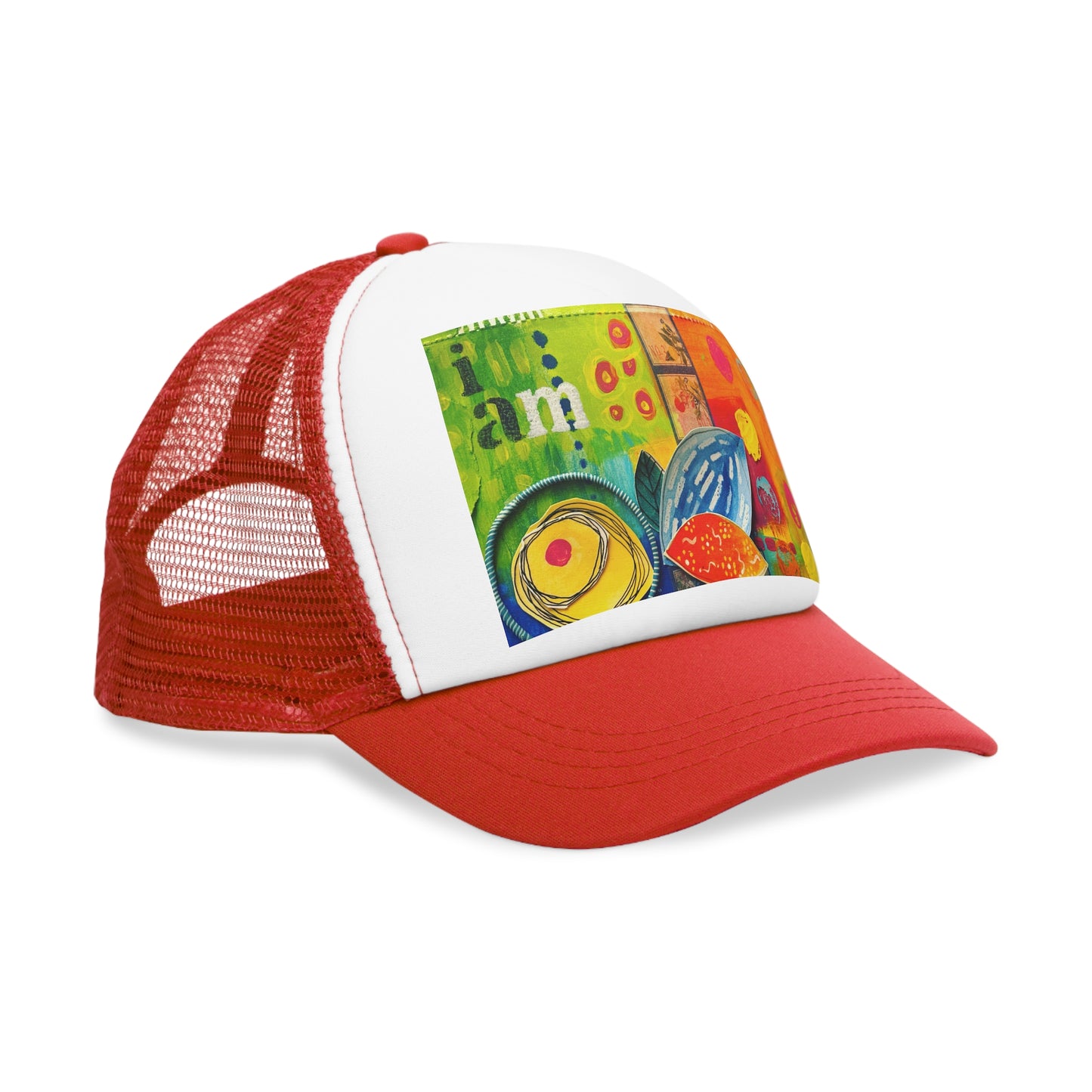 "I am" Trucker Hat, Colorful Summer Headwear, Unique Gift for Art Lovers, Trendy Casualwear