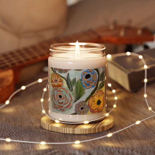 Vitality Garden Soy Candle — 9oz Scented Jar with Colorful Bloom Design